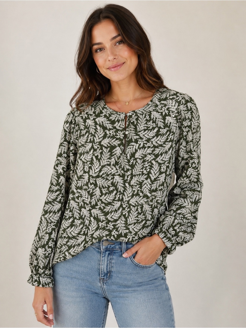 Old Navy Olive Green and White Floral Keyhole Blouse